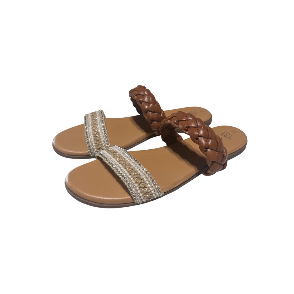 Time and Tru Womens Braided and Beaded Slide Sandals Cognac Brown Size 11